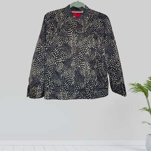 Chico's Animal Print Zip Front Jacket Red Satin Owl Graphic Lining Size 1 Medium